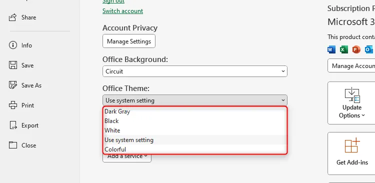 Các tùy chọn chủ đề Office đa dạng trong cài đặt tài khoản Excel