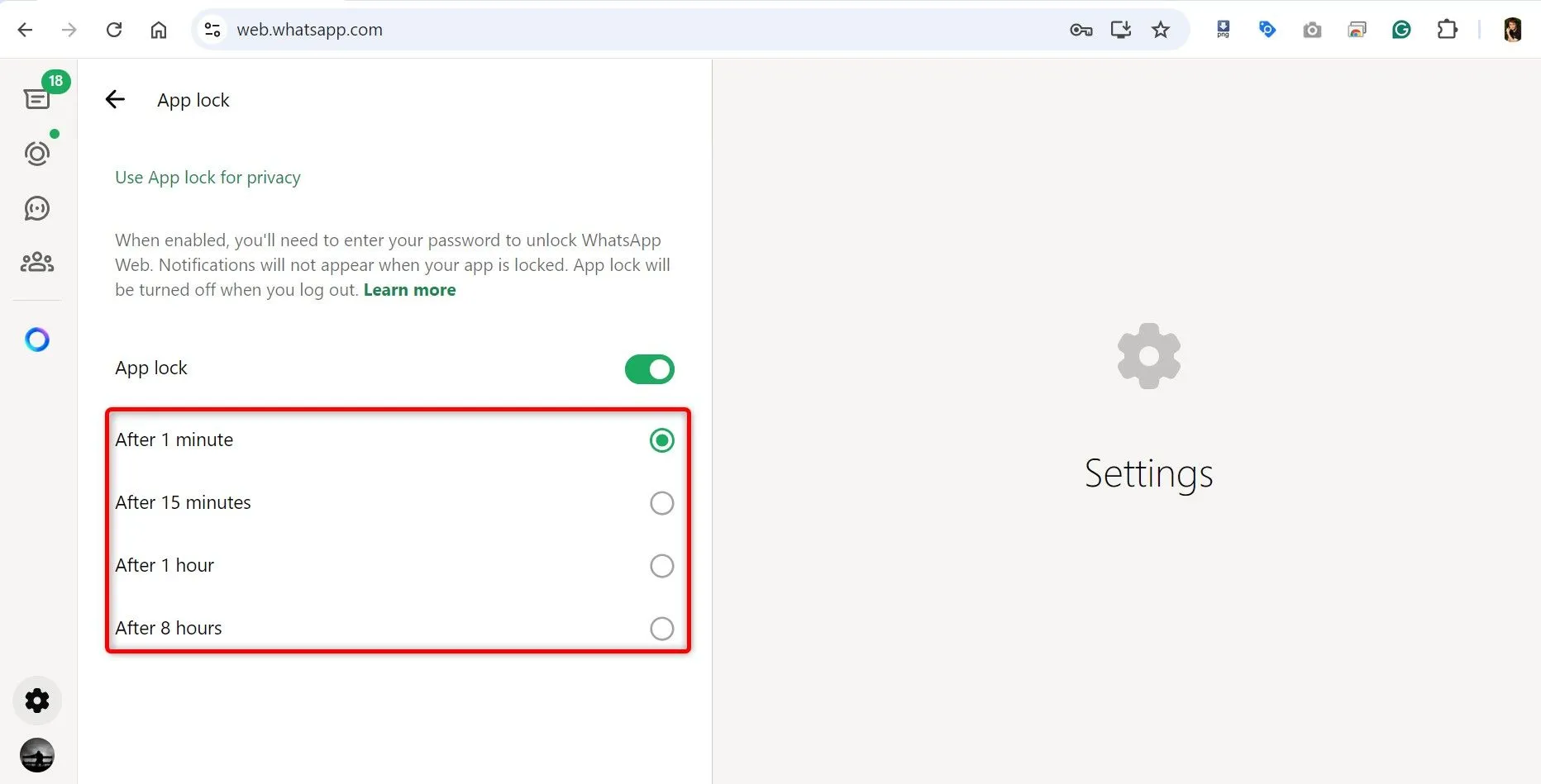 Các tùy chọn thời gian tự động khóa cho WhatsApp Web, giúp người dùng tùy chỉnh mức độ bảo mật.