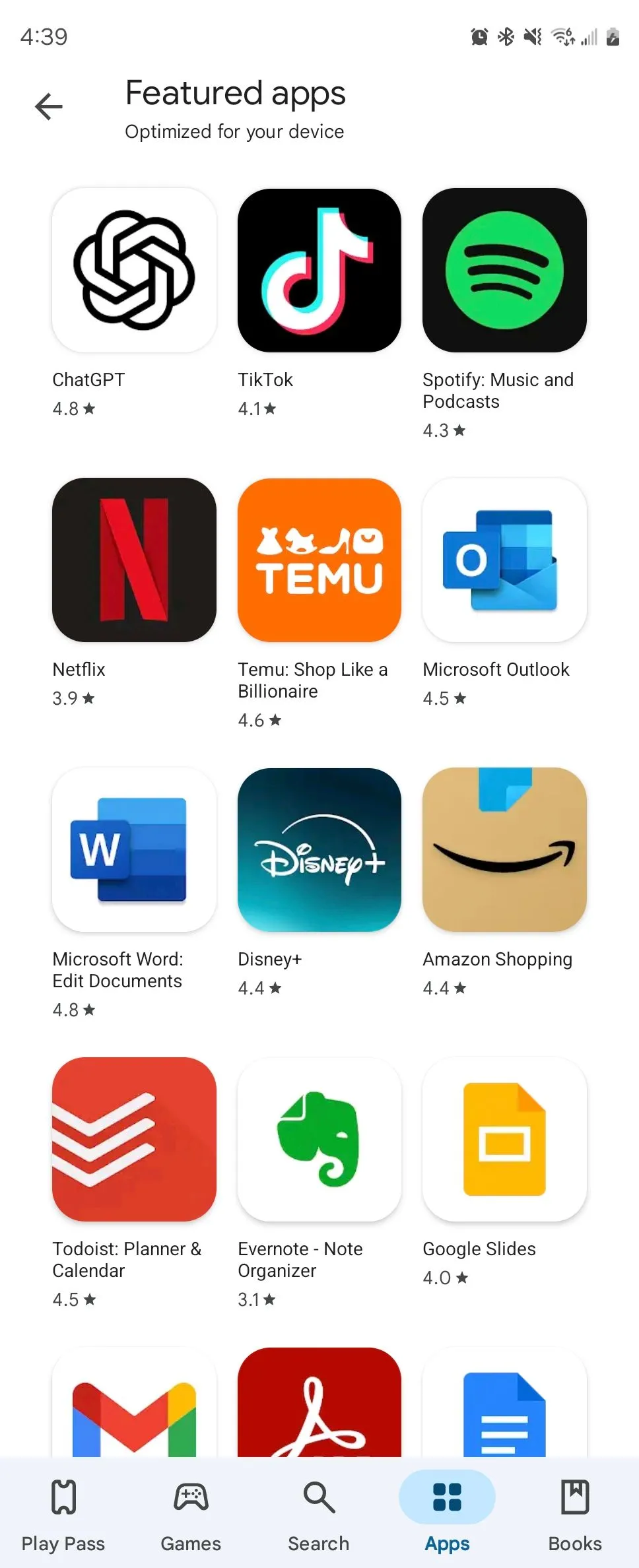 Các ứng dụng nổi bật (Featured Apps) hiển thị trên Play Store với các thương hiệu lớn