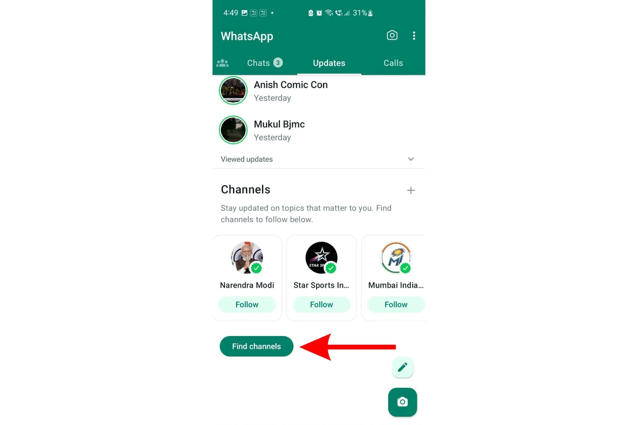 Cách tìm một Kênh WhatsApp trên giao diện tab Cập nhật của ứng dụng