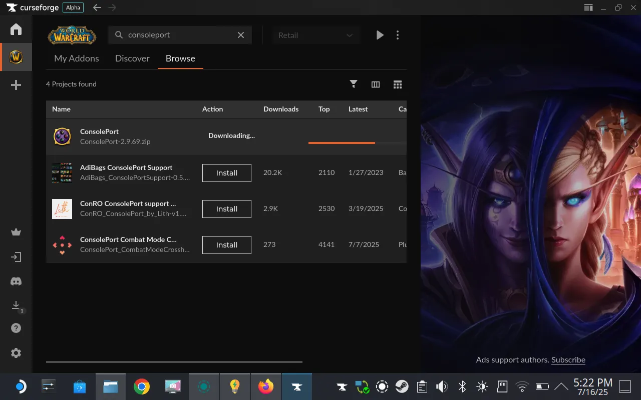 Cài đặt addon ConsolePort cho World of Warcraft thông qua CurseForge.