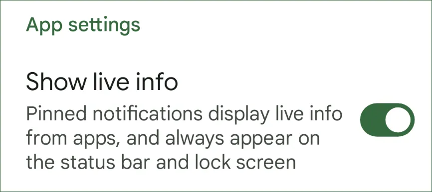 Cài đặt "Hiển thị thông tin trực tiếp" cho ứng dụng trên Android 16, tính năng thông báo theo thời gian thực.