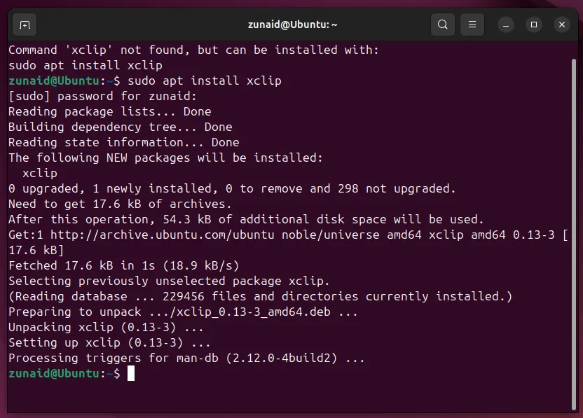 Cài đặt xclip trên Ubuntu bằng trình quản lý gói apt.