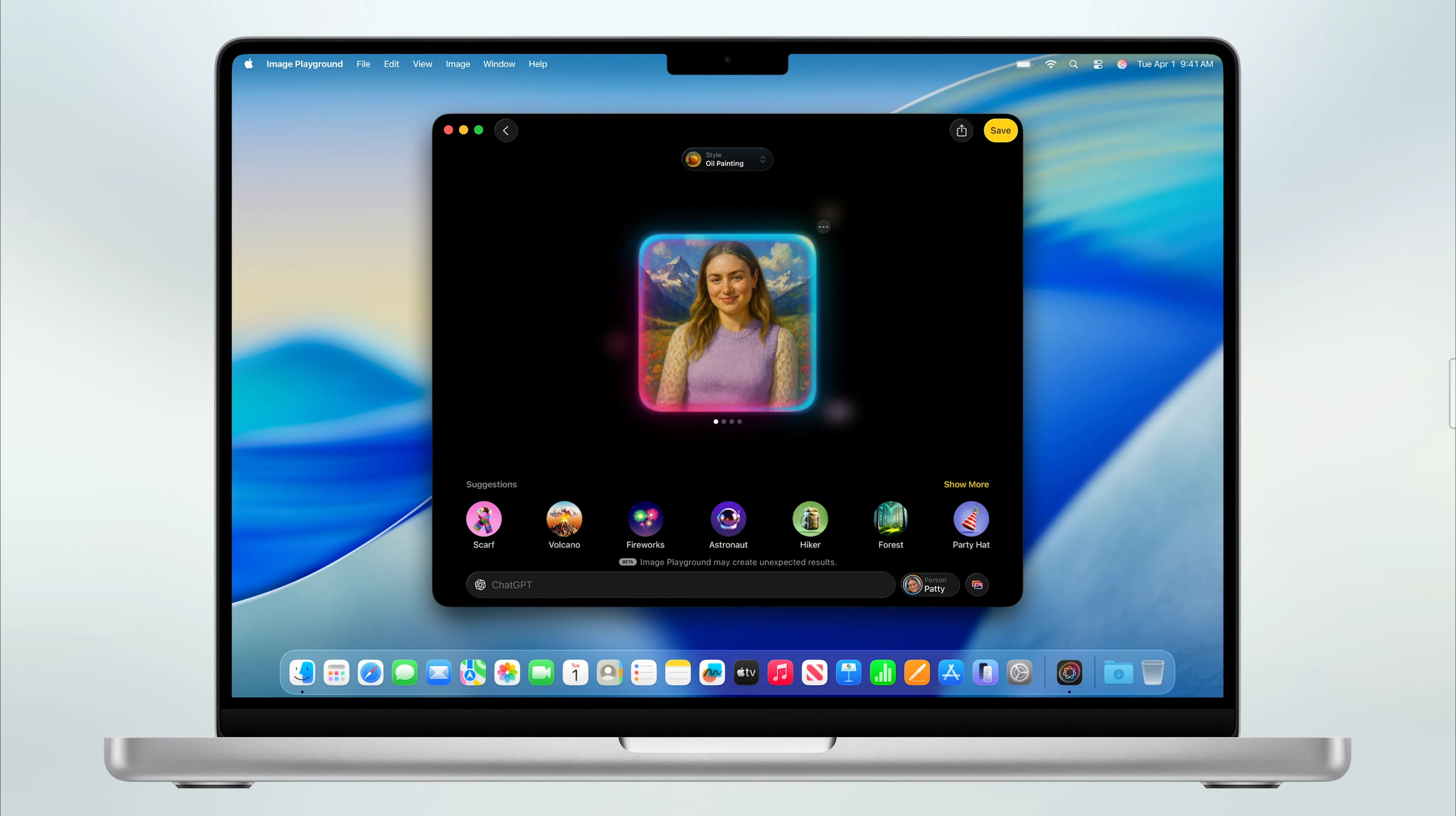 Cải tiến trong ứng dụng Image Playground của macOS 26 Tahoe, hỗ trợ thêm mô tả cho hình ảnh được tạo và tích hợp ChatGPT.