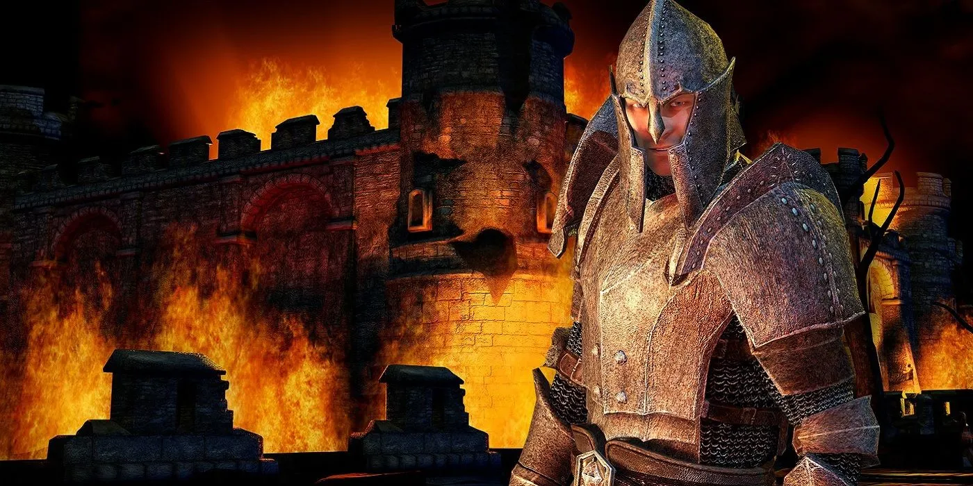 Cận cảnh nhân vật lính gác trong game The Elder Scrolls IV Oblivion với đồ họa được nâng cấp nhờ mod