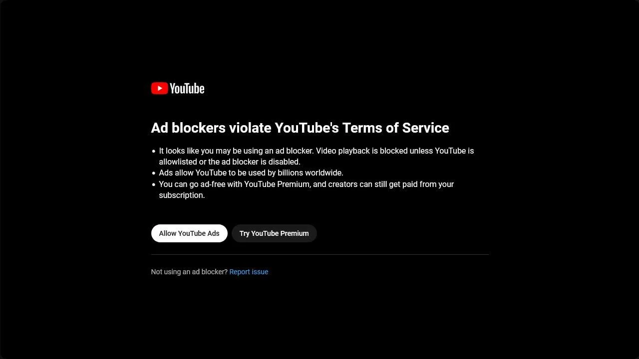 Cảnh báo &quot;Trình chặn quảng cáo không được phép&quot; từ YouTube, hiển thị cho người dùng Adblock.