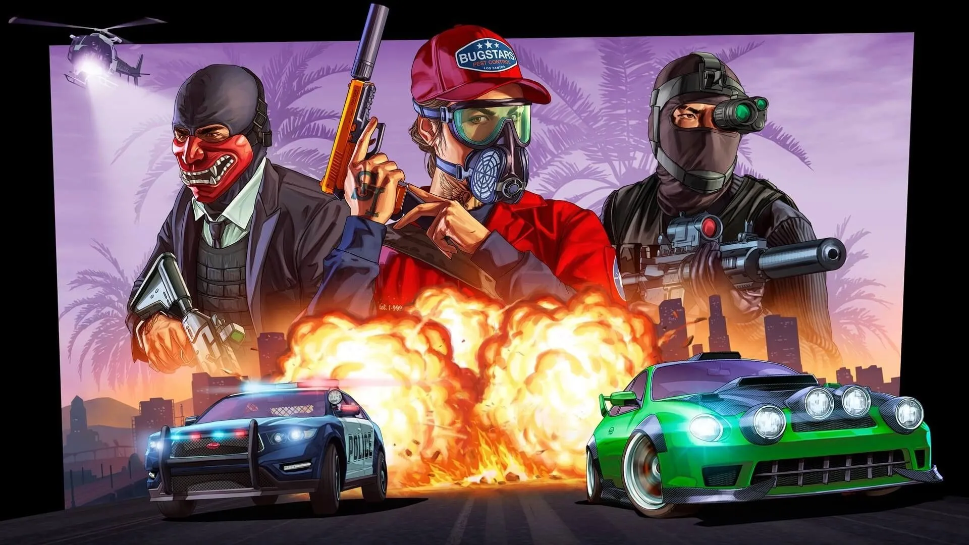 Cảnh chơi game Grand Theft Auto Online với nhiều người chơi và phương tiện, minh họa trải nghiệm game multiplayer trên PC.