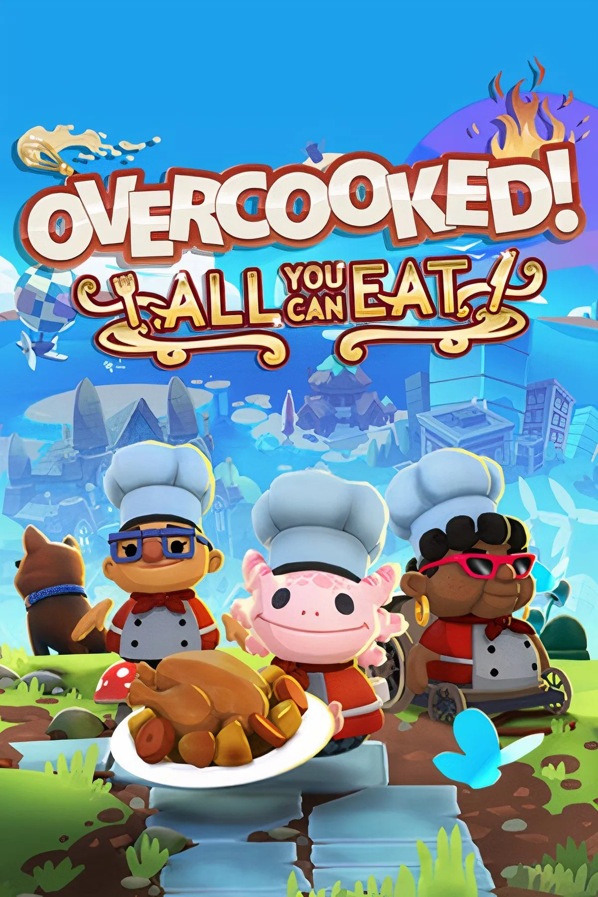 Cảnh chơi game Overcooked! All You Can Eat với các nhân vật hoạt hình đang bận rộn trong một nhà bếp hỗn loạn