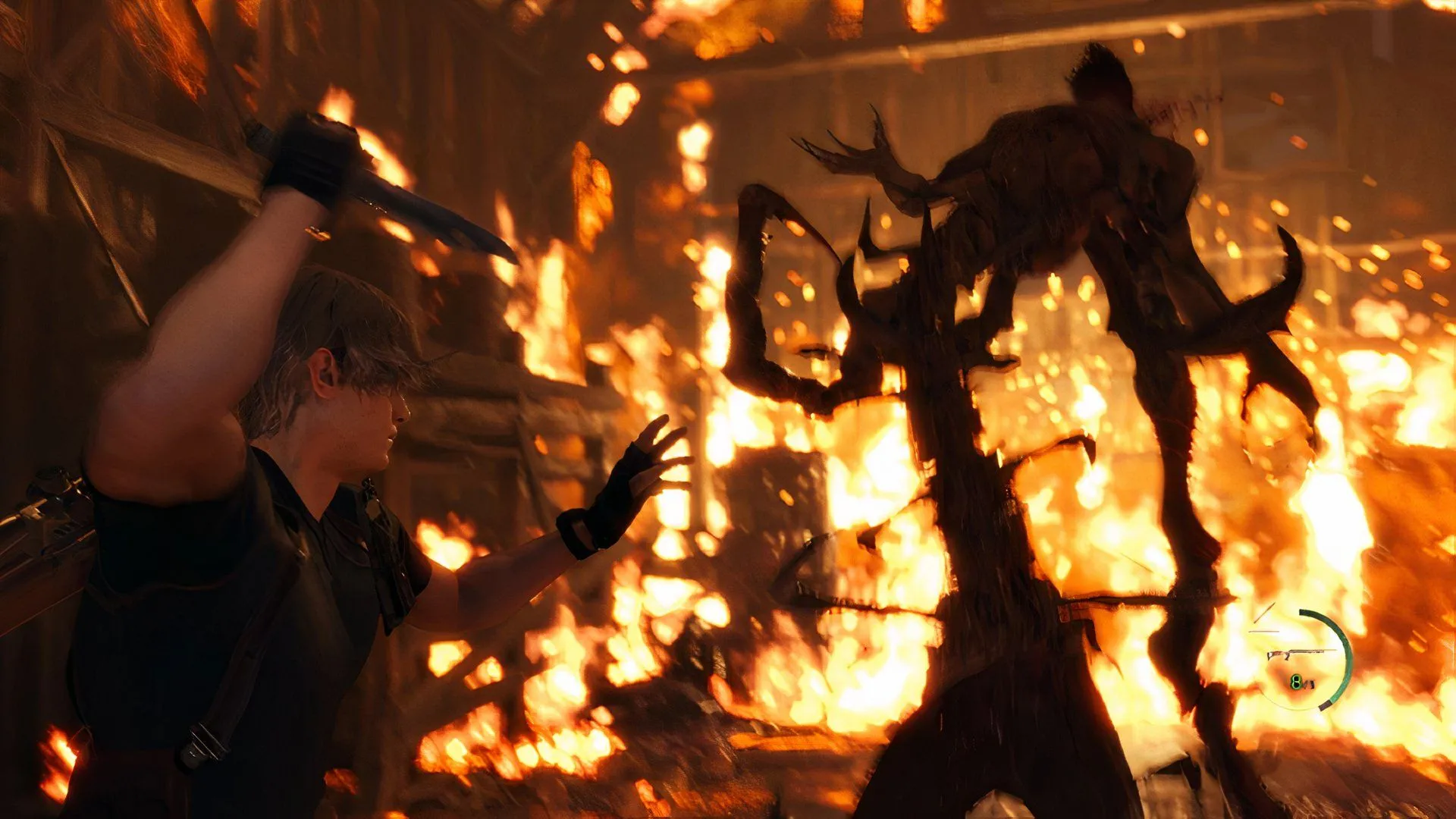 Cảnh Leon đối đầu với thủ lĩnh làng Bitores Mendez trong Resident Evil 4 Remake, một trong những thiết kế trùm ấn tượng.