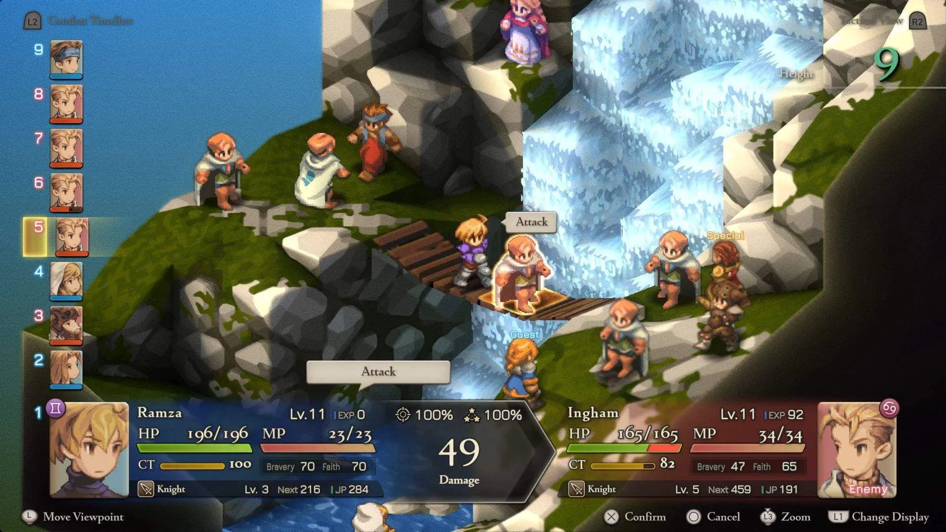 Cảnh một trận chiến diễn ra trên thác nước trong phiên bản Final Fantasy Tactics Remaster.