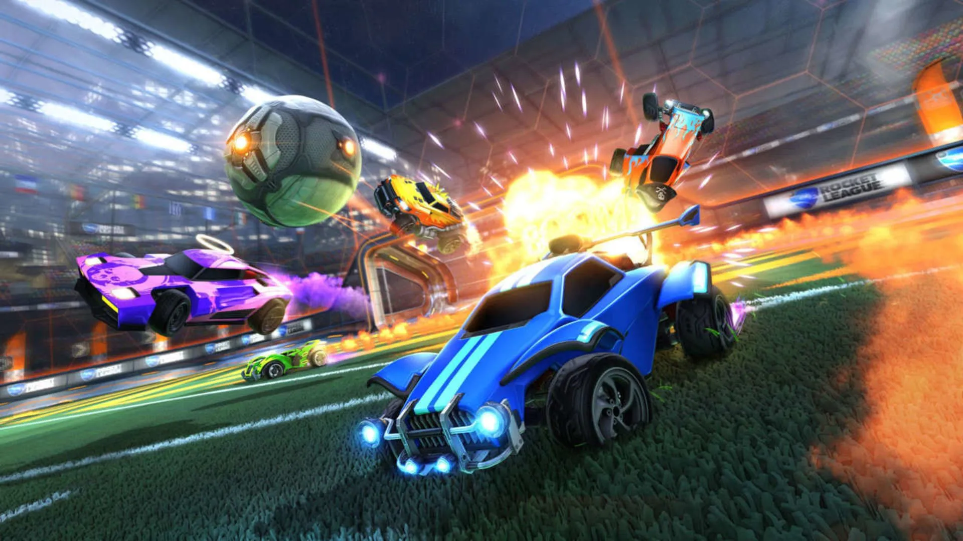Cảnh tượng hỗn loạn với xe và bóng bay trên không trong Rocket League, thể hiện lối chơi độc đáo của game.