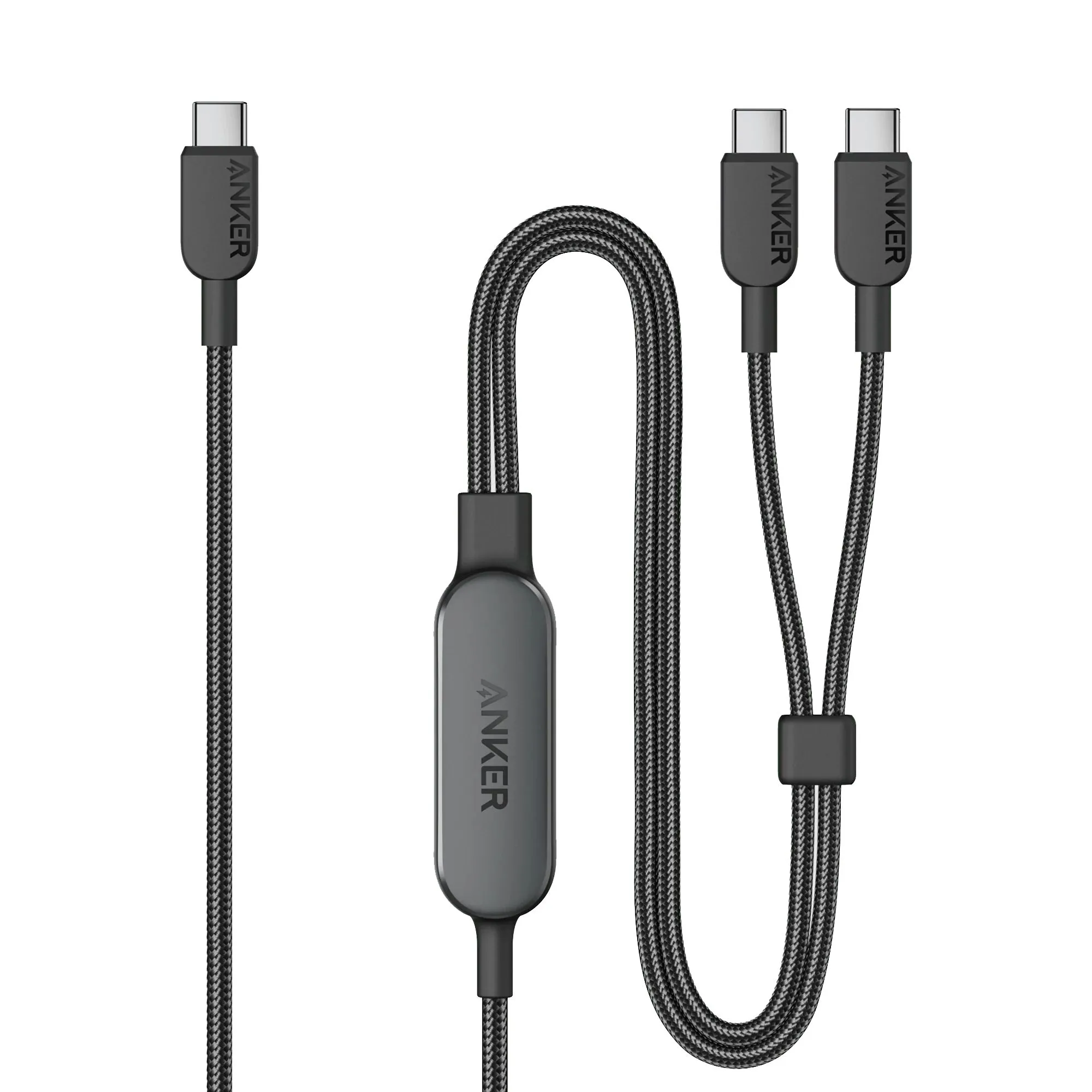 Cáp sạc USB-C Anker 2 trong 1 màu đen với hai đầu nối riêng biệt, minh họa khả năng sạc đồng thời hai thiết bị tiện lợi.