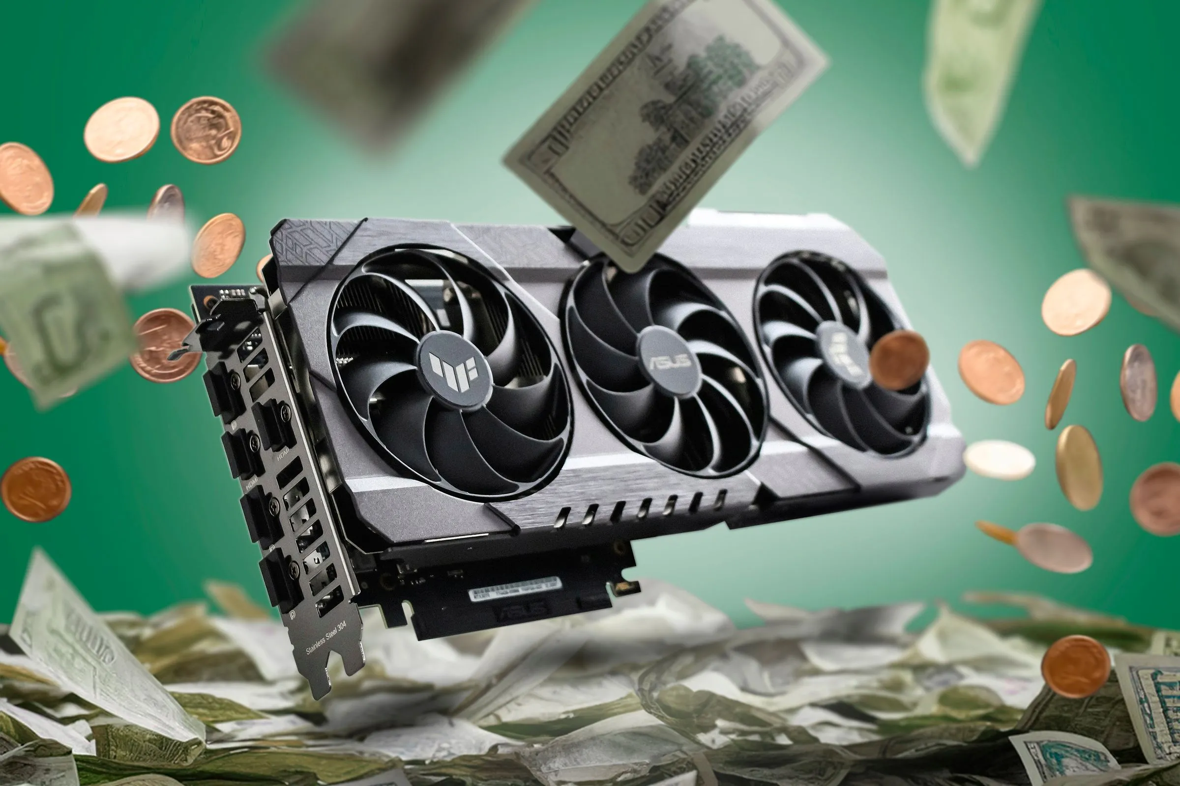 Card đồ họa (GPU) và một đống tiền xung quanh, tượng trưng cho chi phí cao của linh kiện PC gaming 4K
