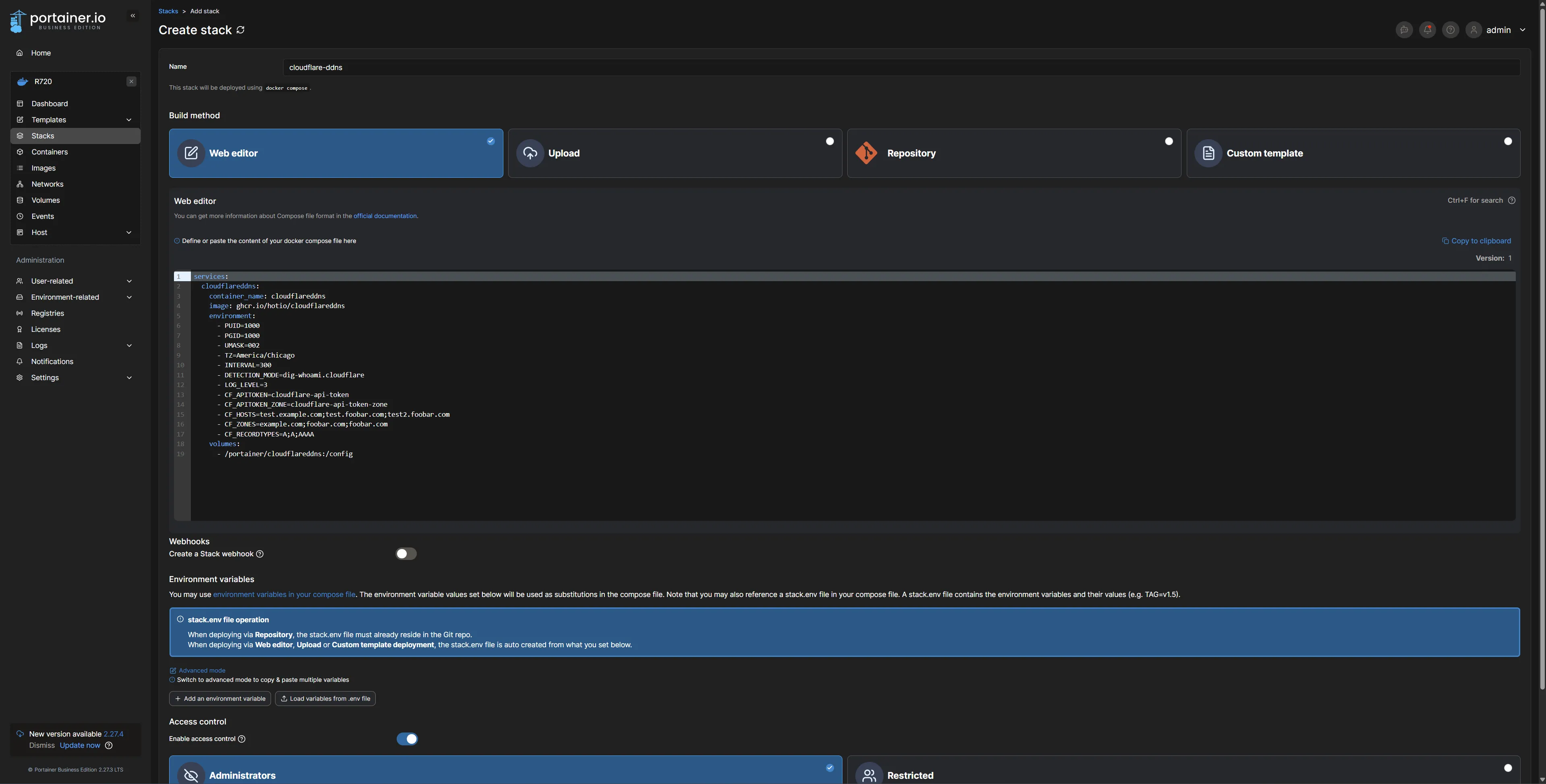 Cấu hình container Cloudflare DDNS Docker trên giao diện web Portainer