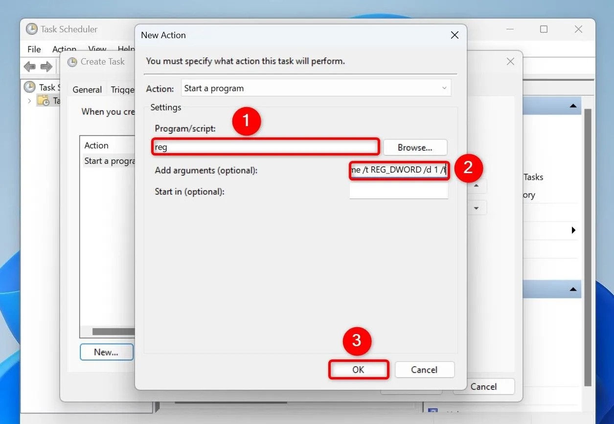 Cấu hình hành động (Action) thứ hai để bật chế độ sáng cho ứng dụng trong Task Scheduler.