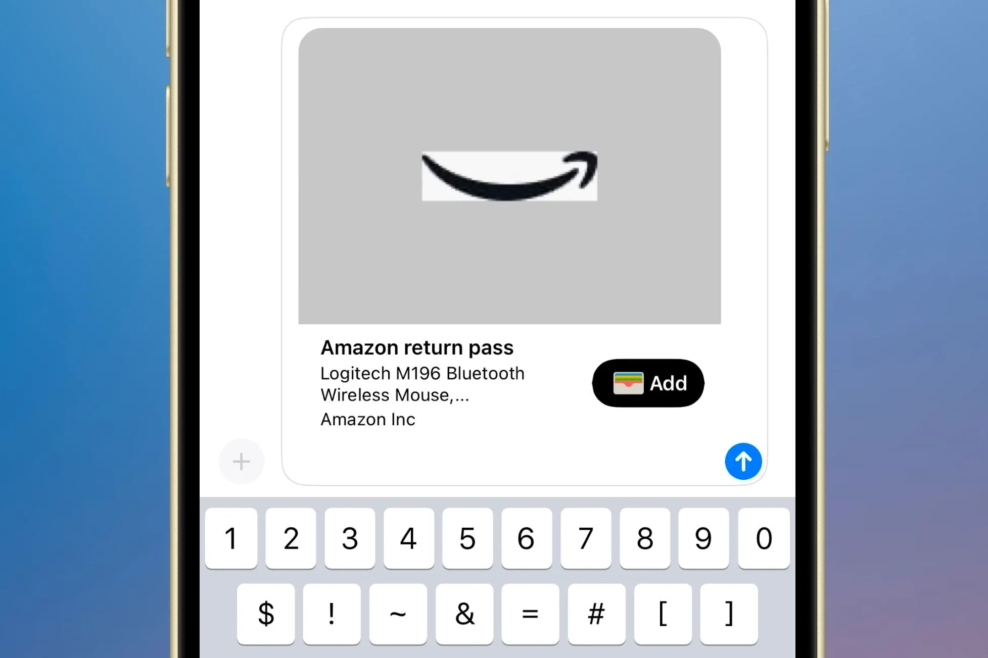 Chia sẻ thẻ trả hàng Amazon từ Apple Wallet qua ứng dụng Tin nhắn trên iPhone với người khác.