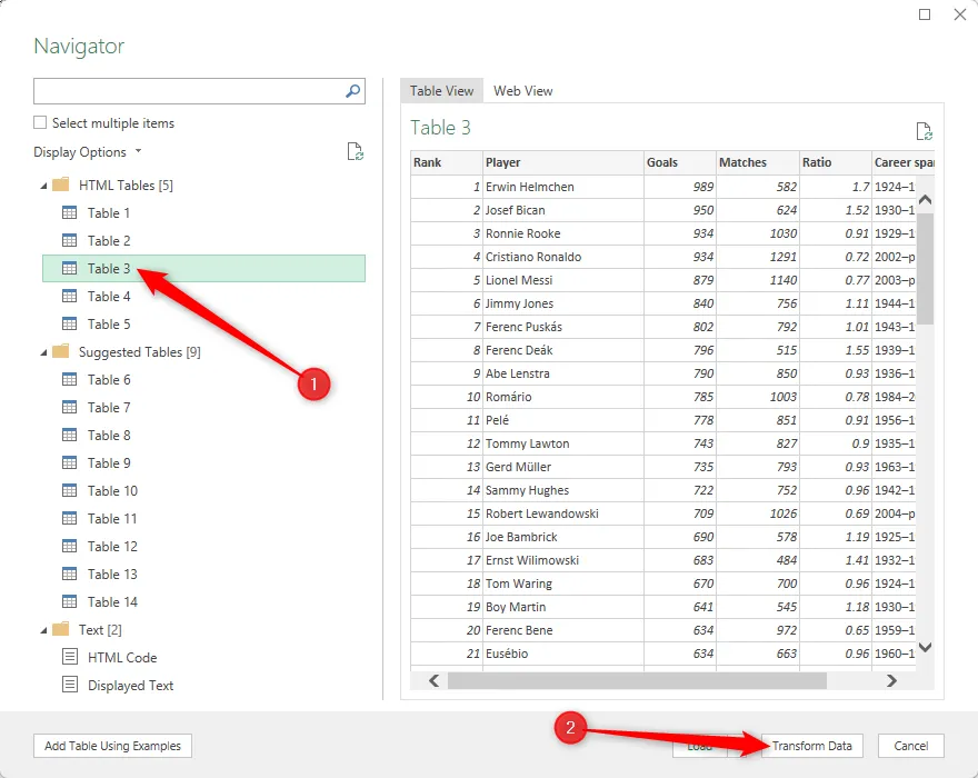 Chọn bảng dữ liệu trong hộp thoại Navigator của Excel và nhấp &quot;Transform Data&quot;