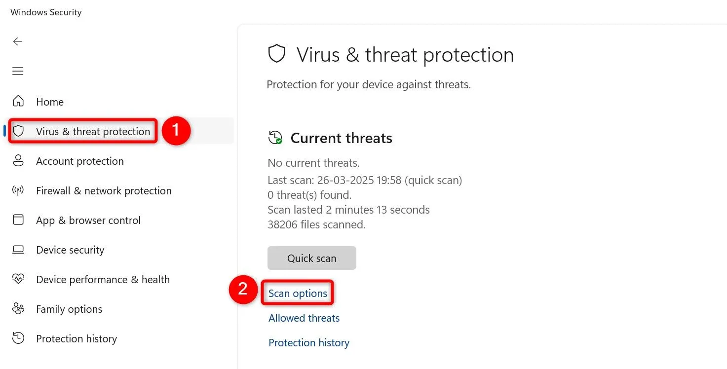 Chọn &quot;Tùy chọn quét&quot; (Scan Options) trong Bảo mật Windows để tìm phần mềm độc hại.
