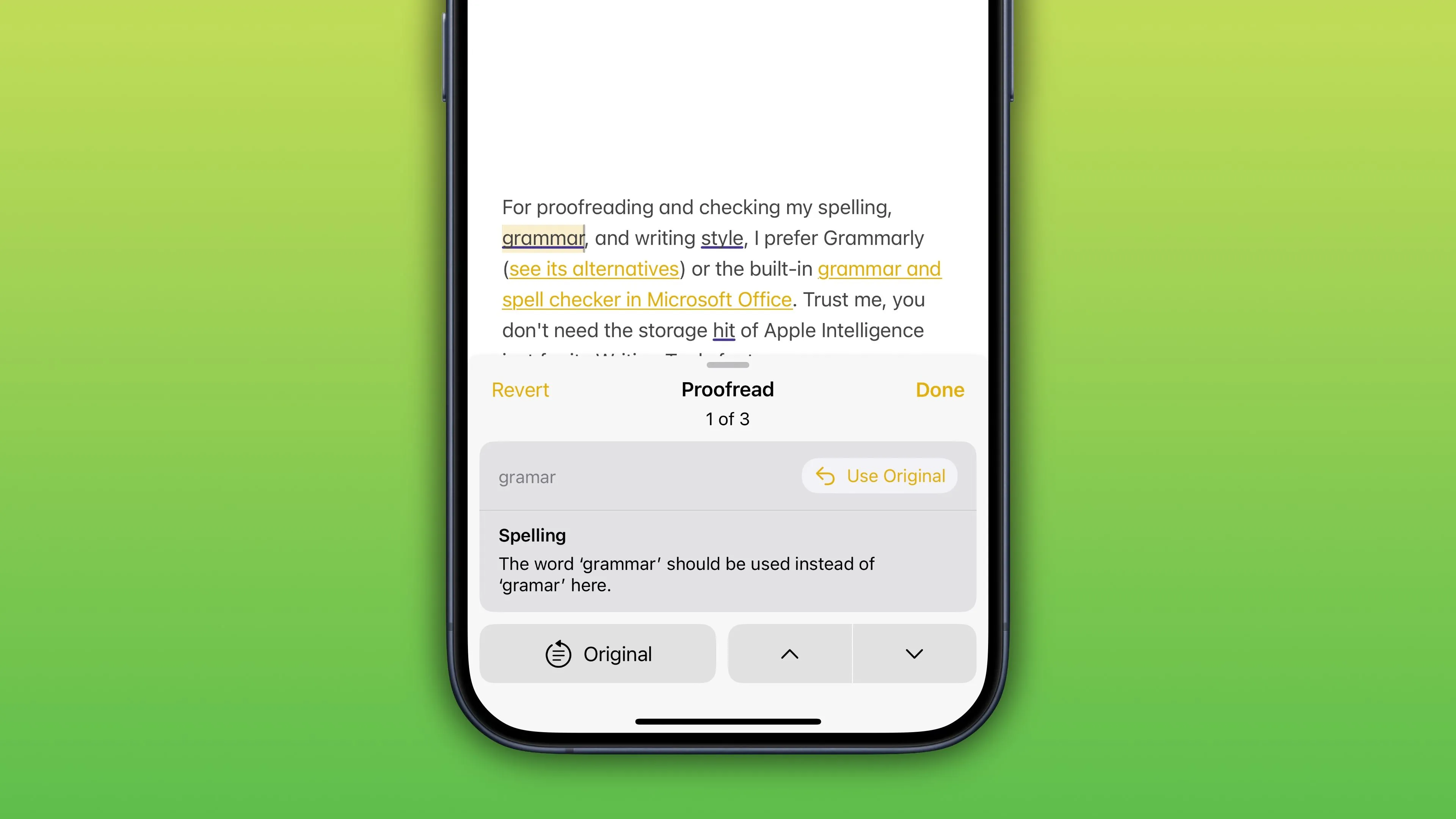 Chức năng Proofread của Apple Intelligence Writing Tools trên iPhone, hỗ trợ kiểm tra lỗi chính tả và ngữ pháp.