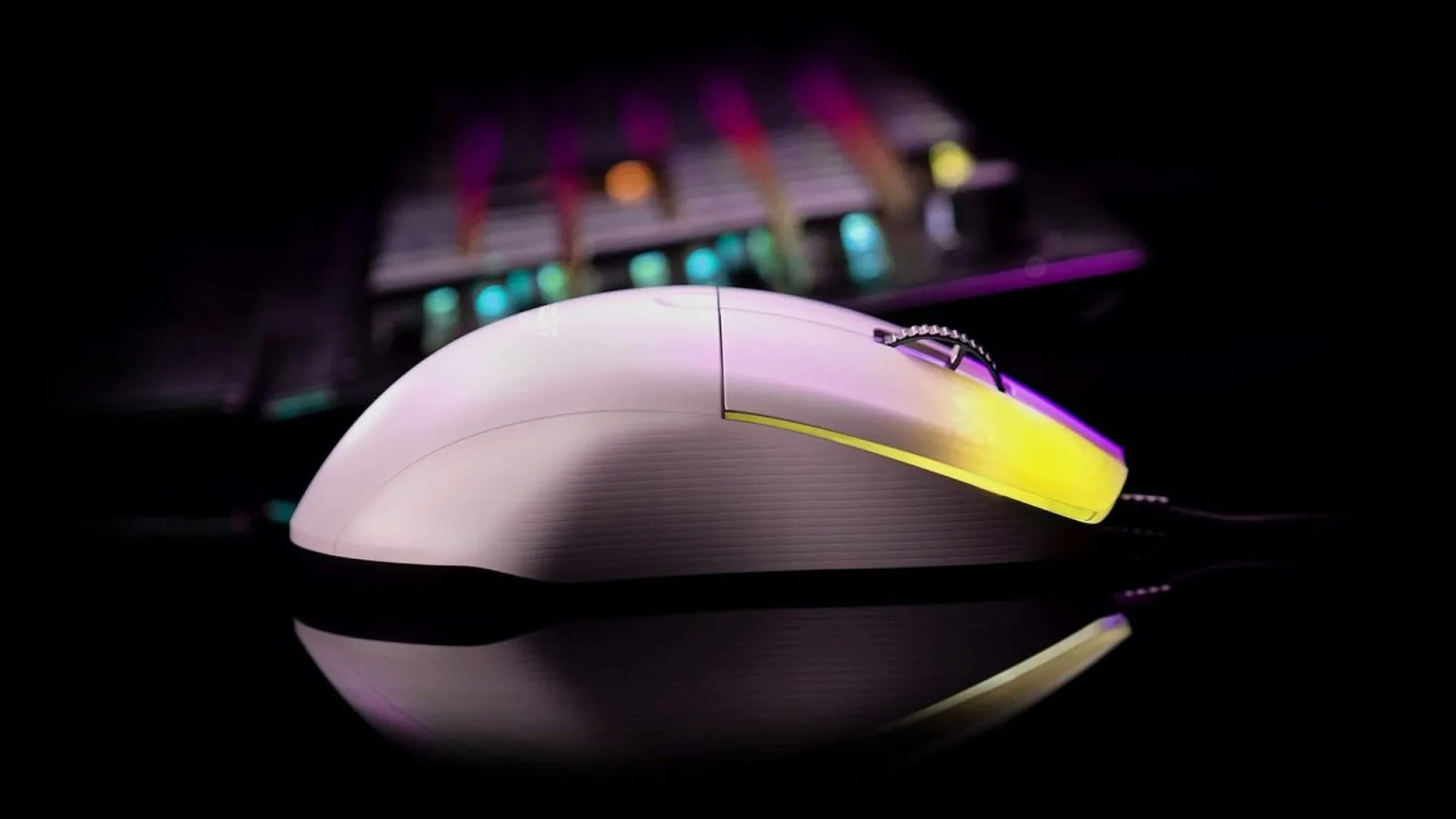 Chuột gaming siêu nhẹ có dây ROCCAT Kone Pro màu trắng đặt trên bàn, đại diện cho lựa chọn giá cả phải chăng.