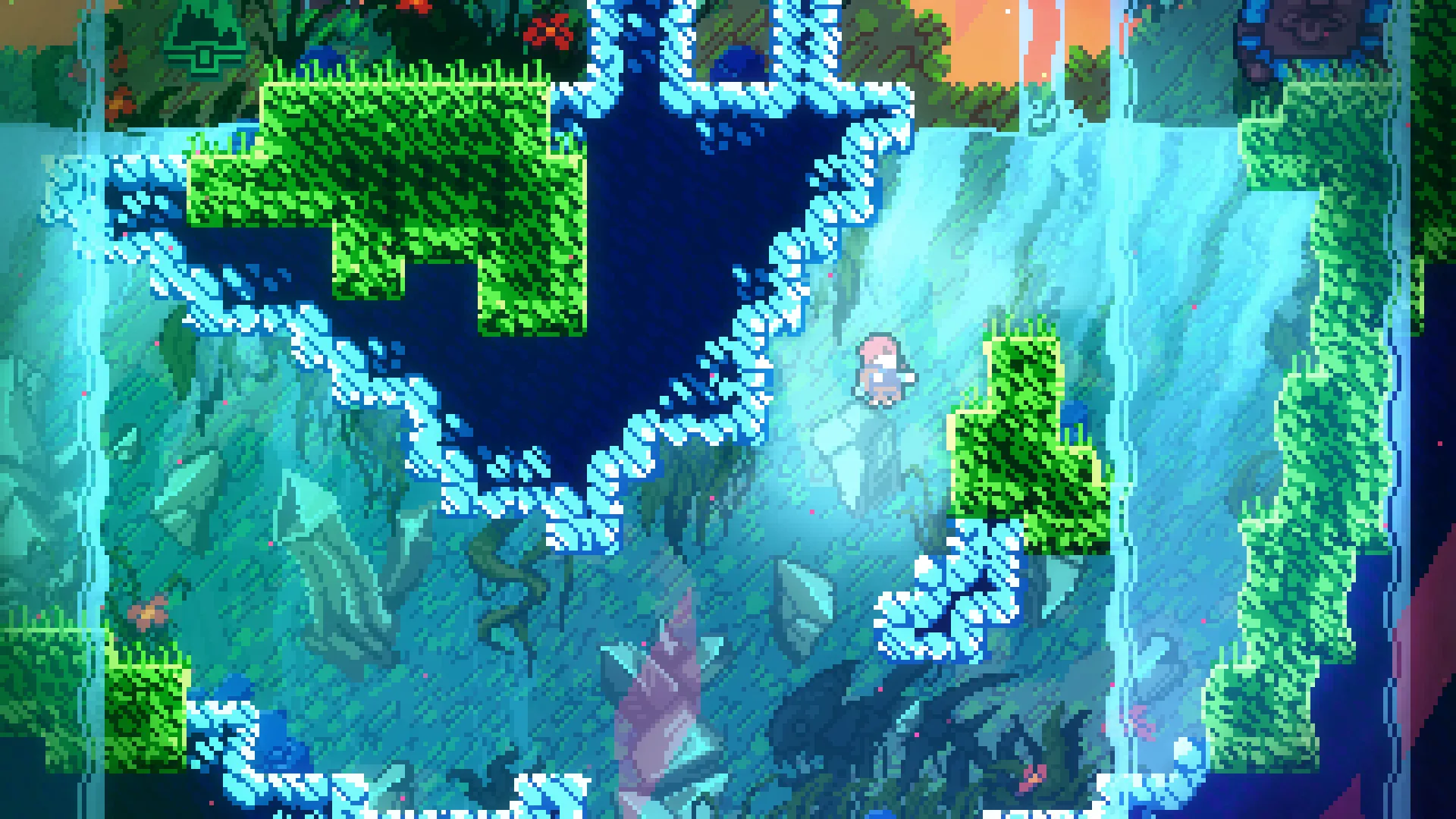 Cô gái tóc đỏ Maddy rơi xuống nước giữa các nền tảng xanh và phông nền pha lê trong game Celeste