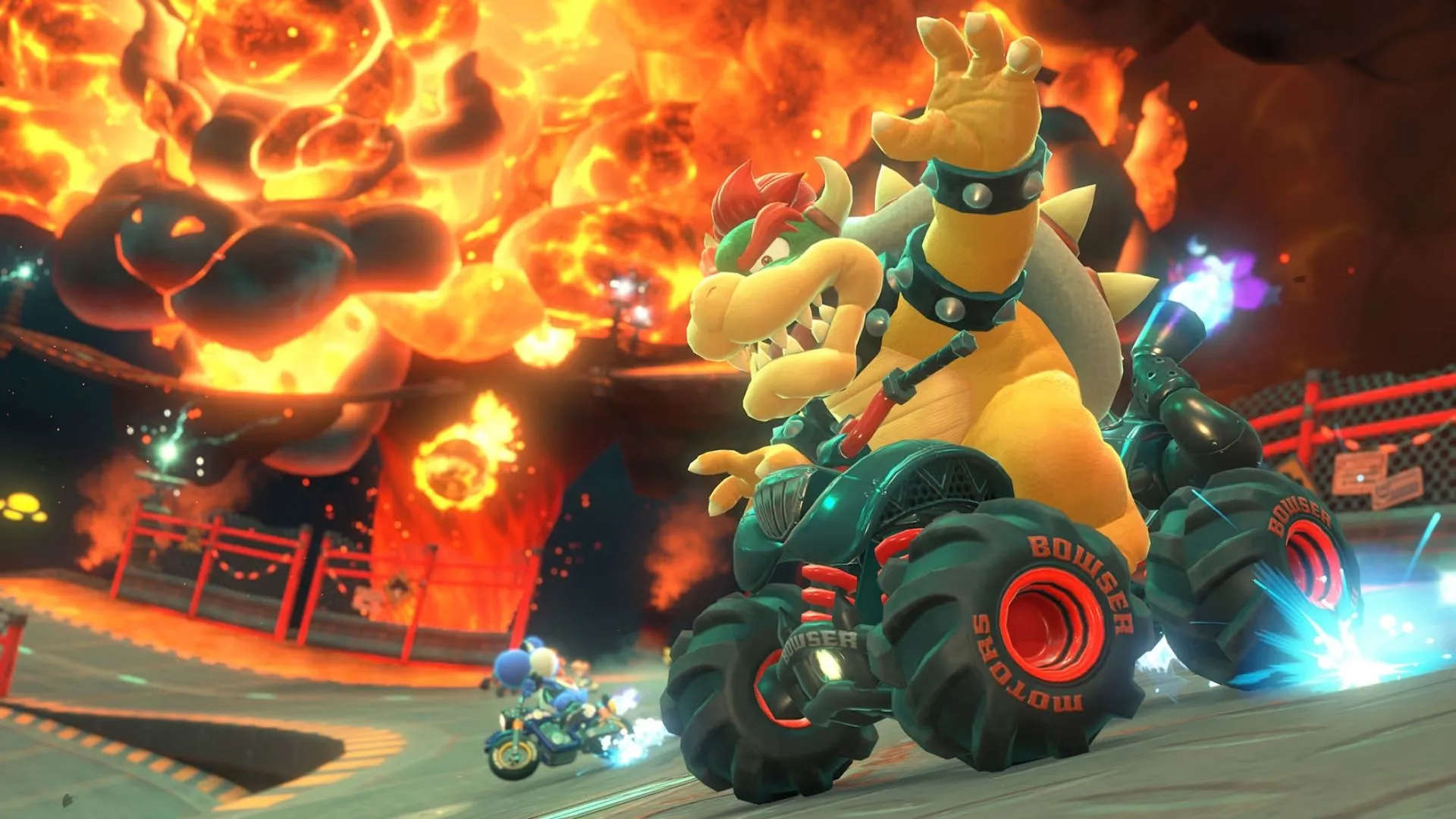 Công chúa Peach và Donkey Kong đang lái xe kart trên một đường đua phủ tuyết
