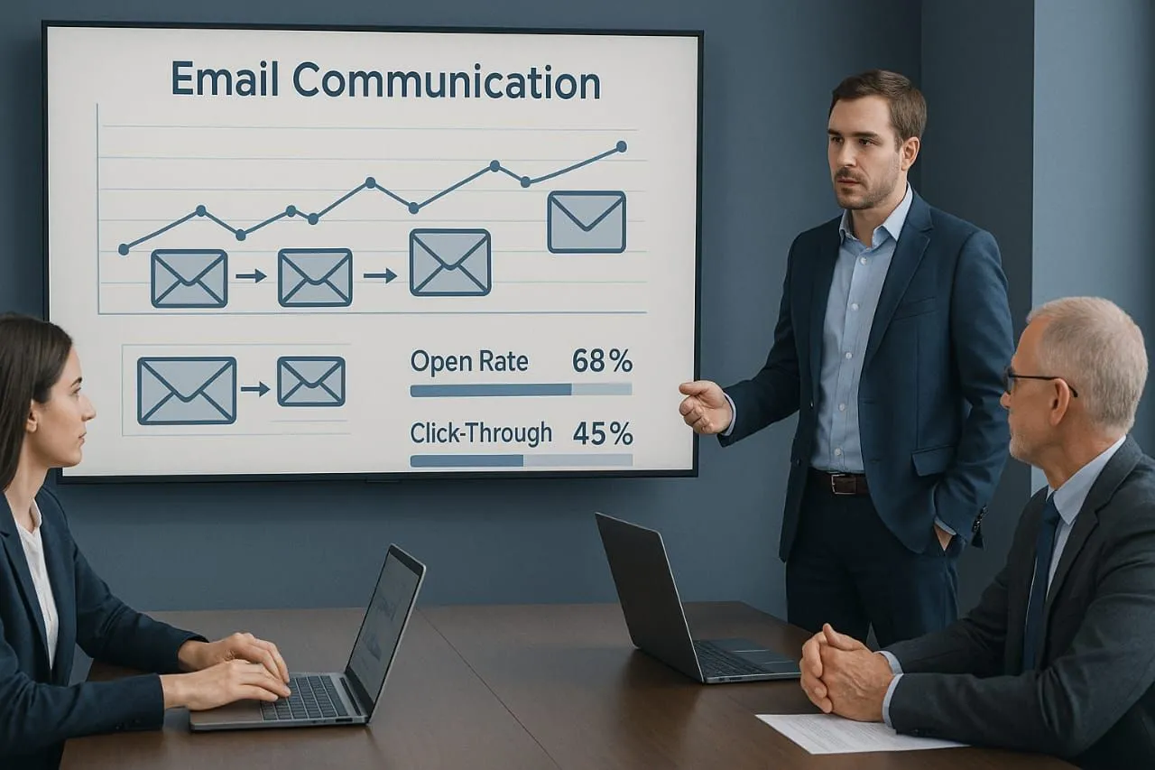 Công ty trình bày các chỉ số mở email, minh họa việc doanh nghiệp đang theo dõi và phân tích hiệu suất email marketing.