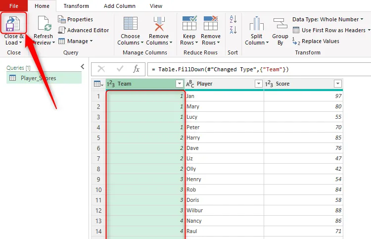 Cột số đội đã được điền đầy đủ cho mỗi cầu thủ trong Power Query Editor, sẵn sàng để xuất ra Excel