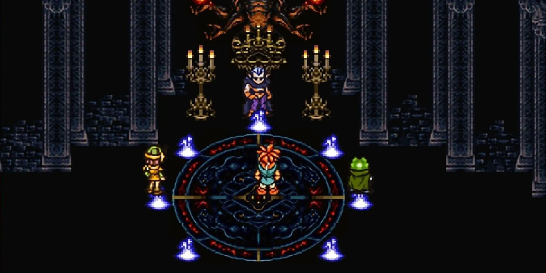 Crono, Frog và Lucca đối mặt với Magus trong lâu đài của hắn ở Chrono Trigger.