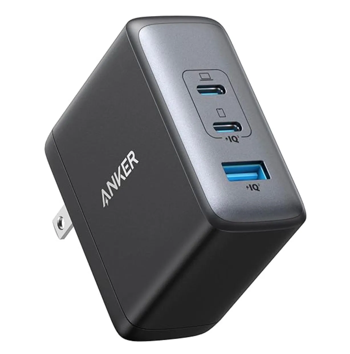 Củ sạc tường Anker 100W GaN với ba cổng USB-C, thiết kế nhỏ gọn và khả năng sạc nhanh đa thiết bị.