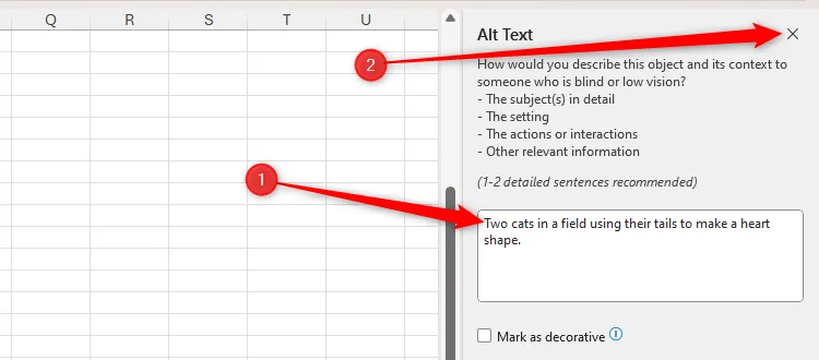 Cửa sổ Alt Text trong Excel hiển thị mô tả hình ảnh &quot;Two cats in a field using their tails to make a heart shape&quot; và nút đóng được chọn.