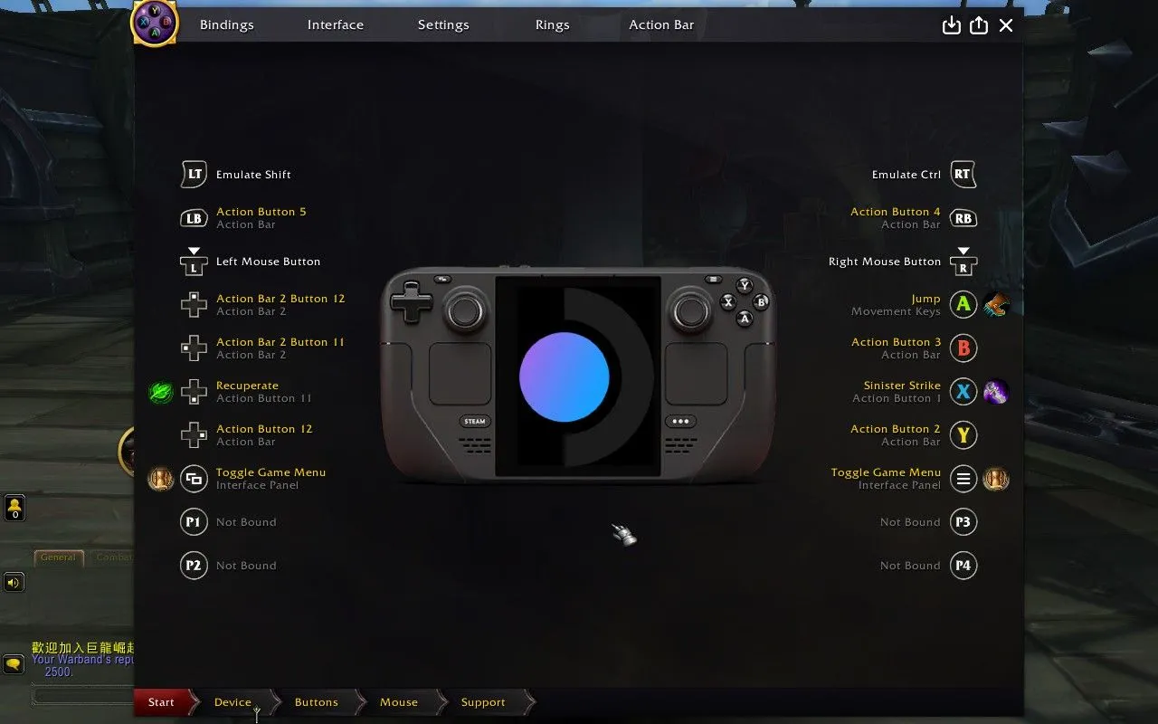 Cửa sổ cấu hình addon ConsolePort trong game World of Warcraft trên Steam Deck.