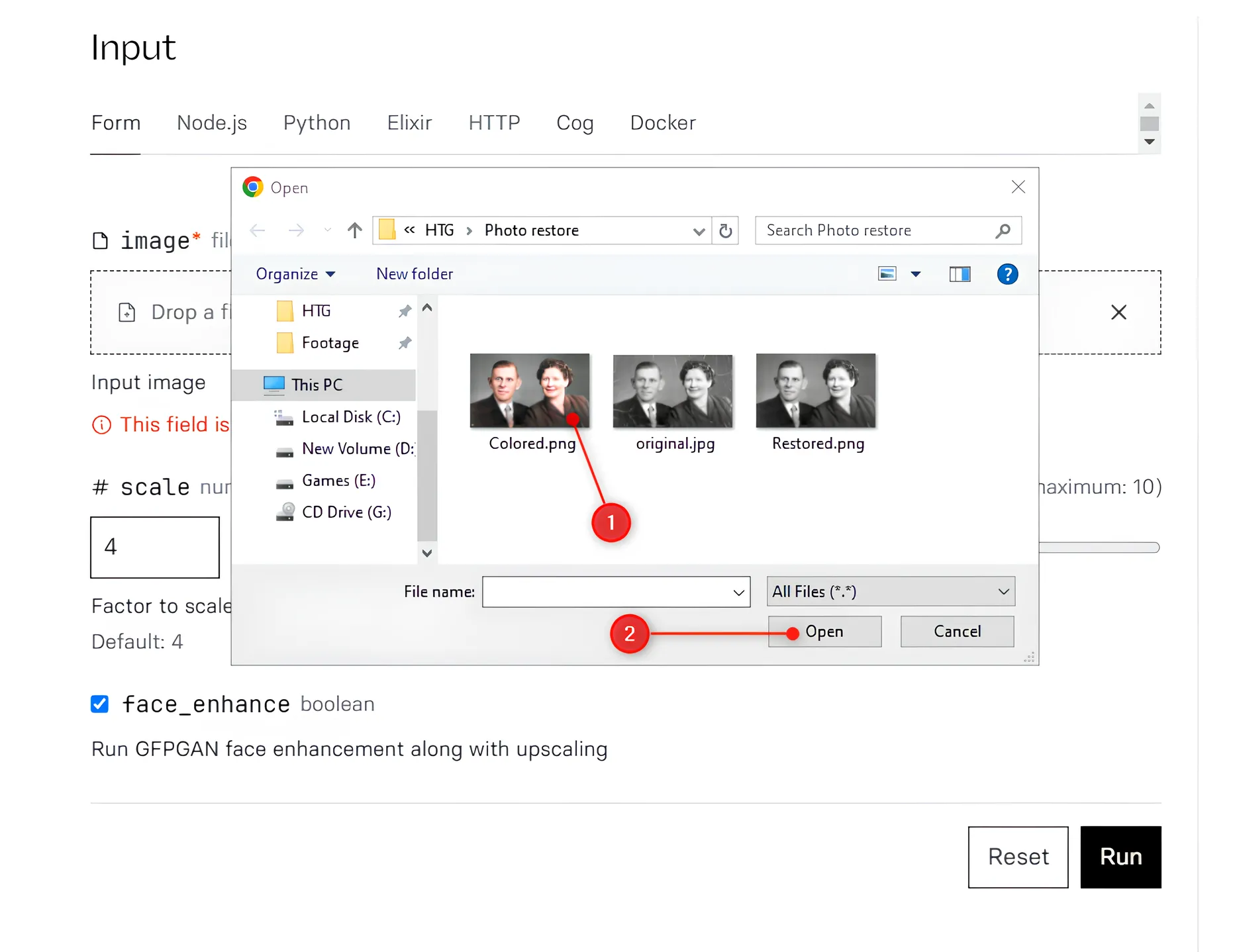 Cửa sổ File Explorer để chọn ảnh đã tô màu và tải lên ESRGAN trên Replicate