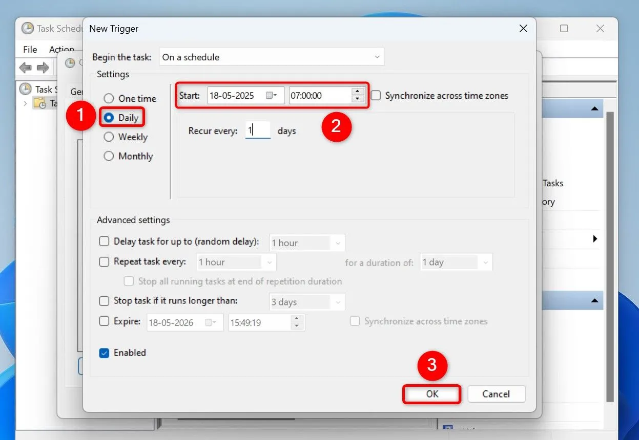 Cửa sổ thiết lập Trigger (Bộ kích hoạt) cho tác vụ tự động chuyển đổi giao diện trong Task Scheduler.