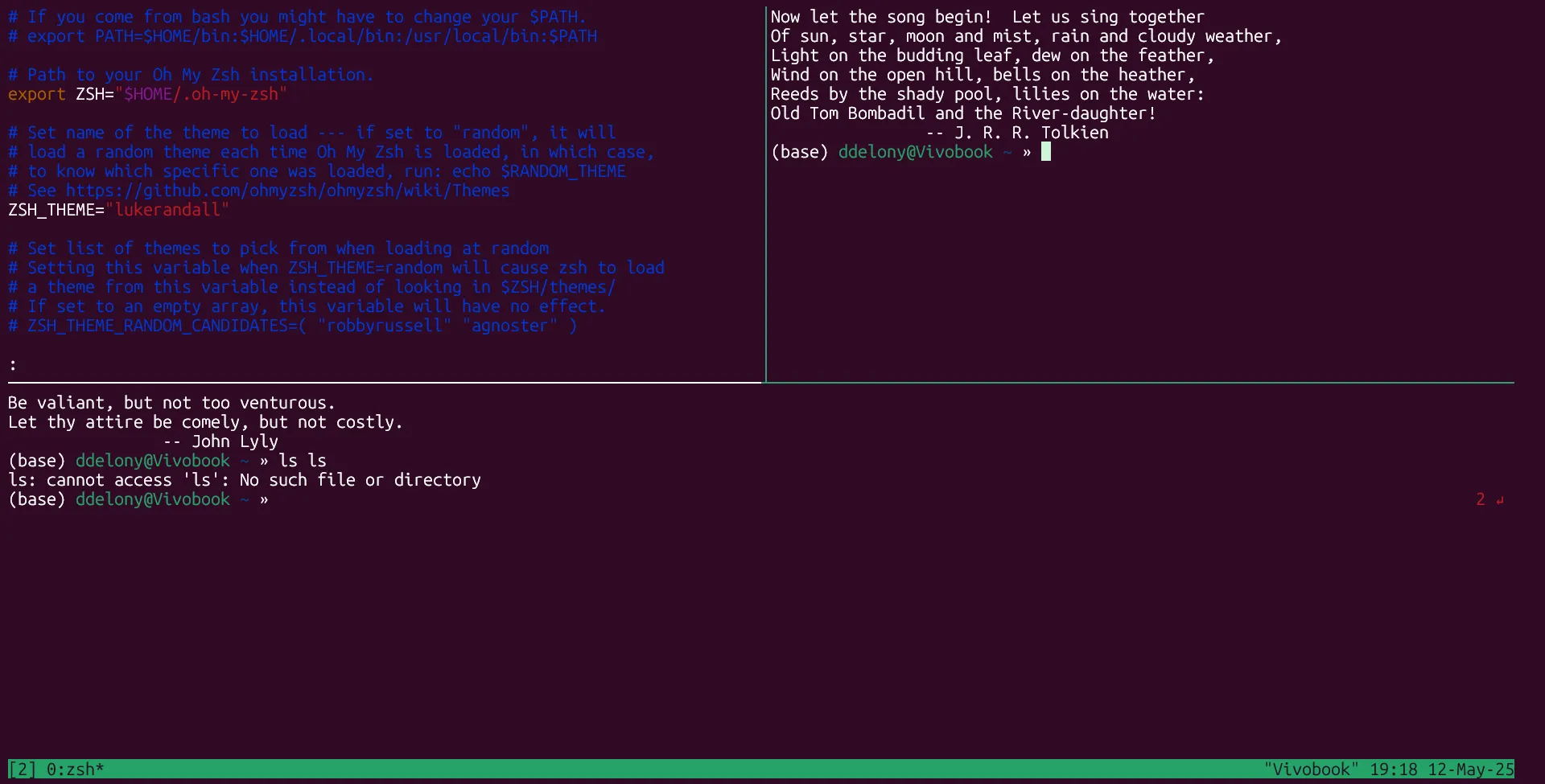 Cửa sổ tmux được chia thành nhiều panel theo cả chiều dọc và ngang, tạo ra một không gian làm việc đa nhiệm phức tạp và linh hoạt.
