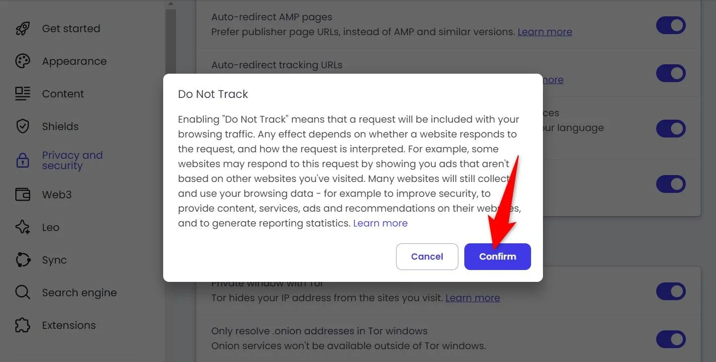 Cửa sổ xác nhận bật tính năng Do Not Track trong Brave, với nút &quot;Confirm&quot; được đánh dấu.