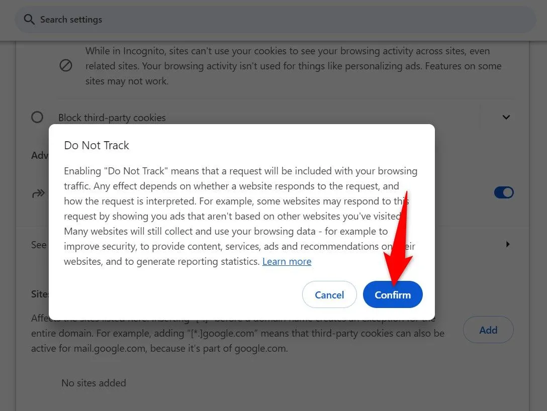 Cửa sổ xác nhận bật tính năng Do Not Track trong Chrome, với nút &quot;Confirm&quot; được nhấn mạnh.