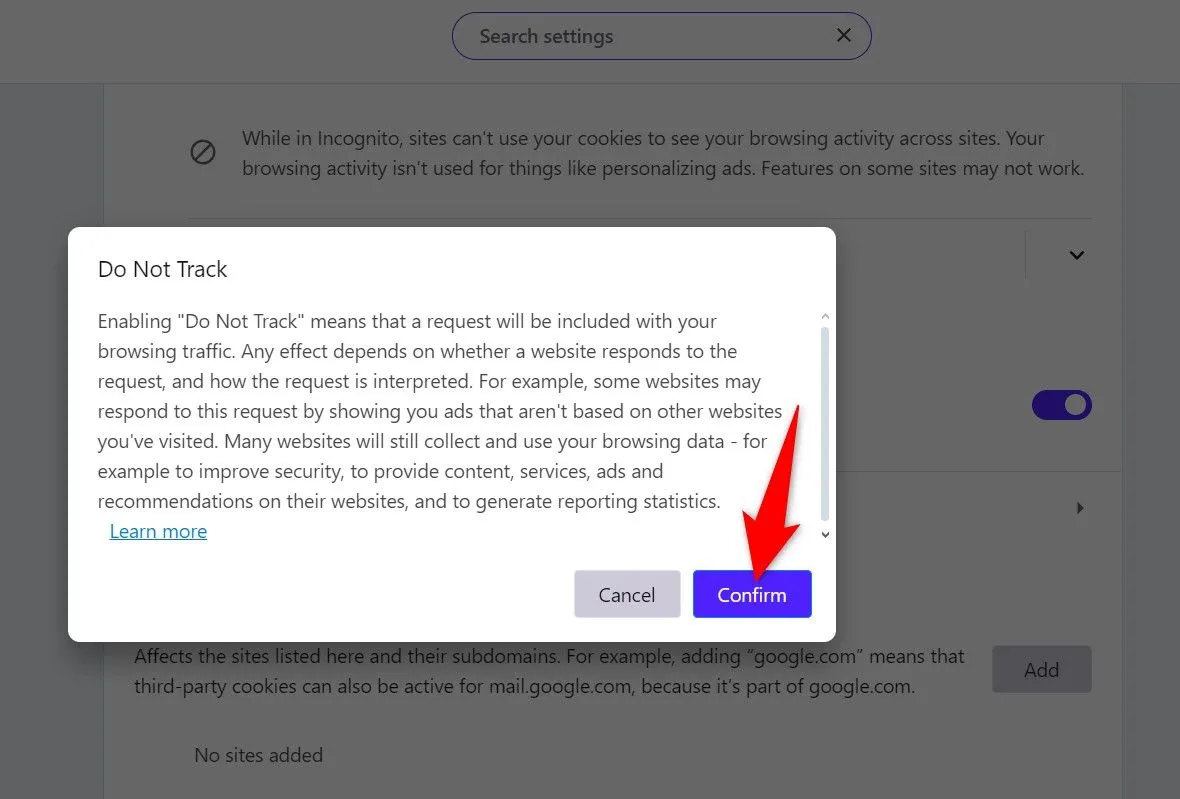 Cửa sổ xác nhận bật tính năng Do Not Track trong Opera, với nút &quot;Confirm&quot; được đánh dấu.