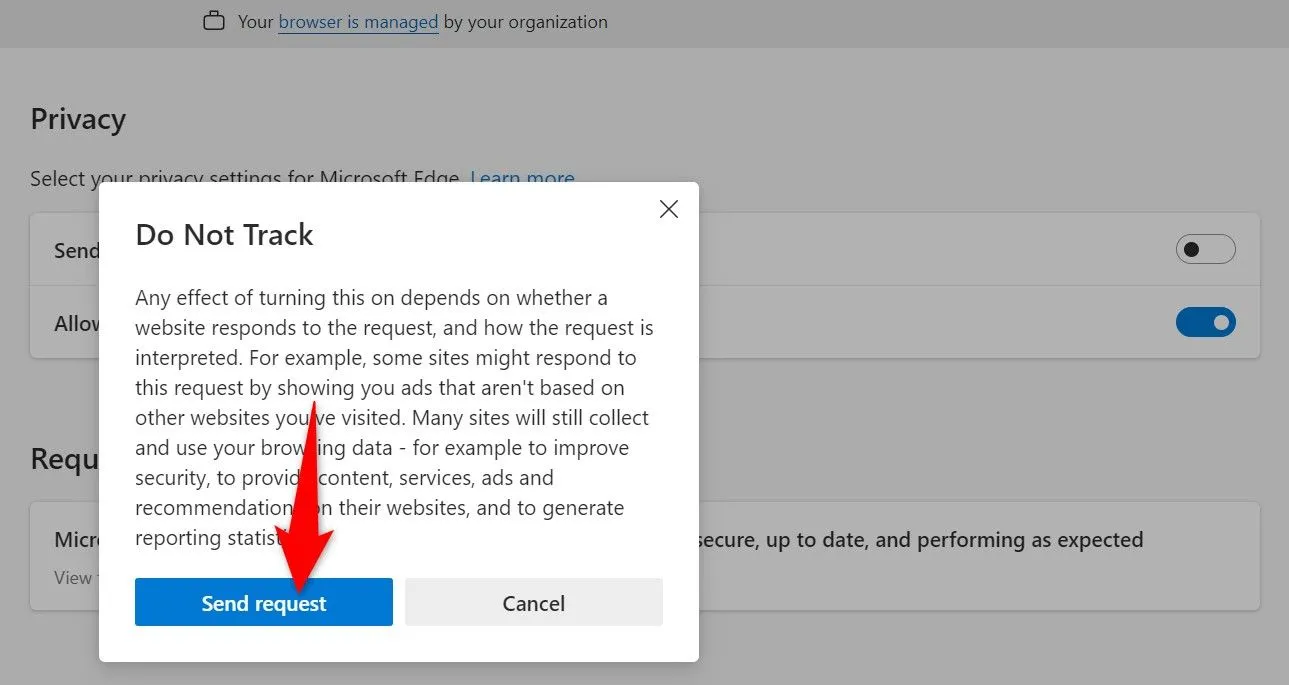 Cửa sổ xác nhận gửi yêu cầu Do Not Track trong Microsoft Edge, với nút &quot;Send Request&quot; được đánh dấu.