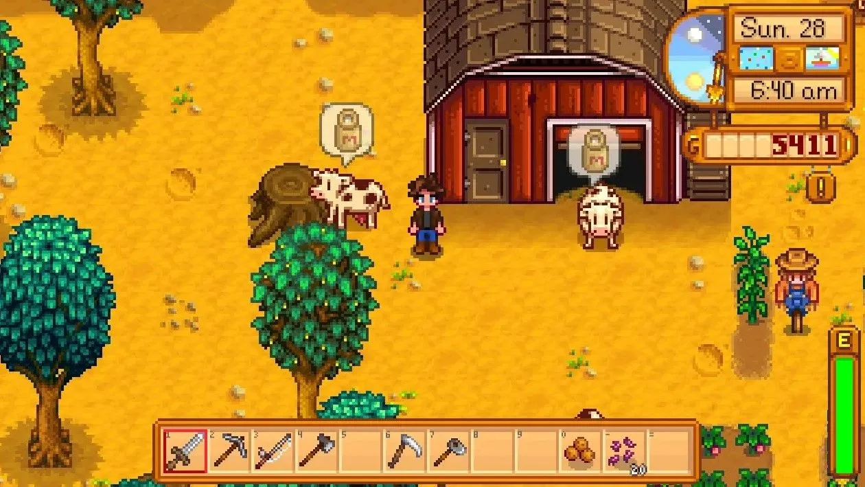 Đàn bò trên trang trại Stardew Valley với các chỉ số báo hiệu cần chăm sóc hoặc sẵn sàng vắt sữa.