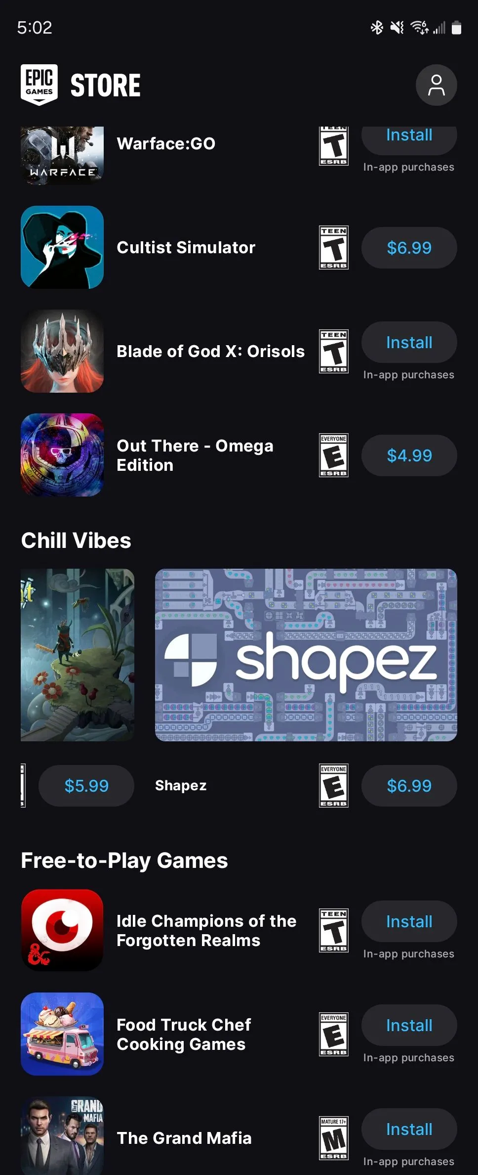 Danh sách các game được tuyển chọn trên Epic Games Store cho Android.