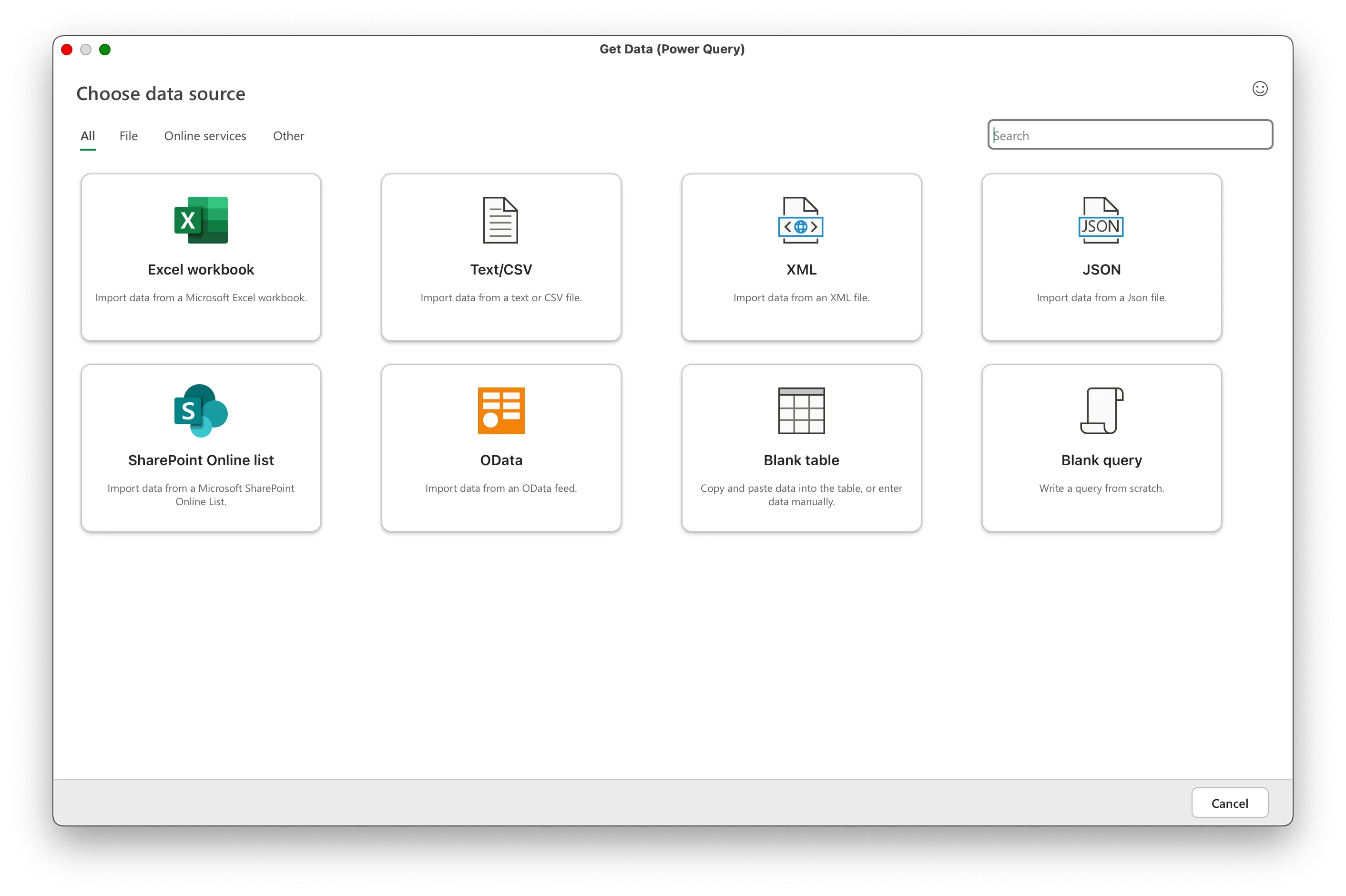Danh sách các nguồn dữ liệu đa dạng trong Power Query của Microsoft Excel.