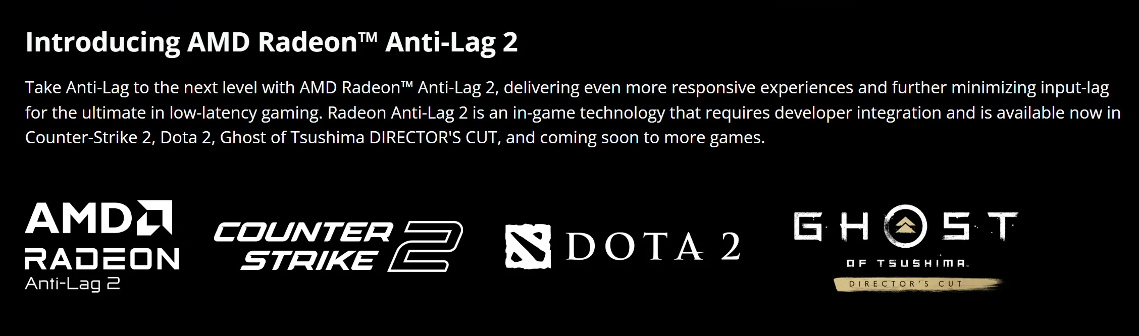 Danh sách các tựa game hiện có hỗ trợ công nghệ giảm độ trễ AMD Radeon Anti-Lag 2, minh họa sự hạn chế về số lượng.
