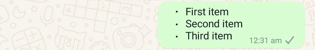 Danh sách dấu đầu dòng trong một tin nhắn WhatsApp