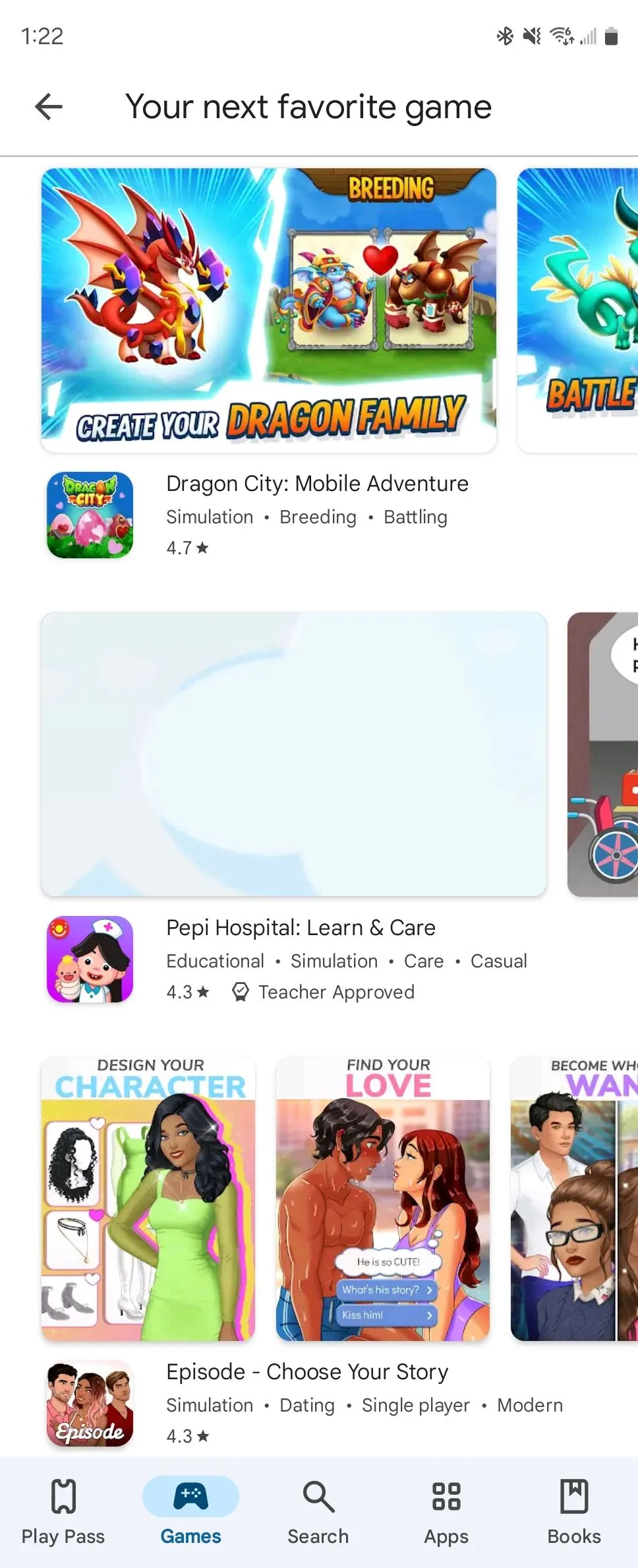 Danh sách game được gợi ý trên Google Play Store.