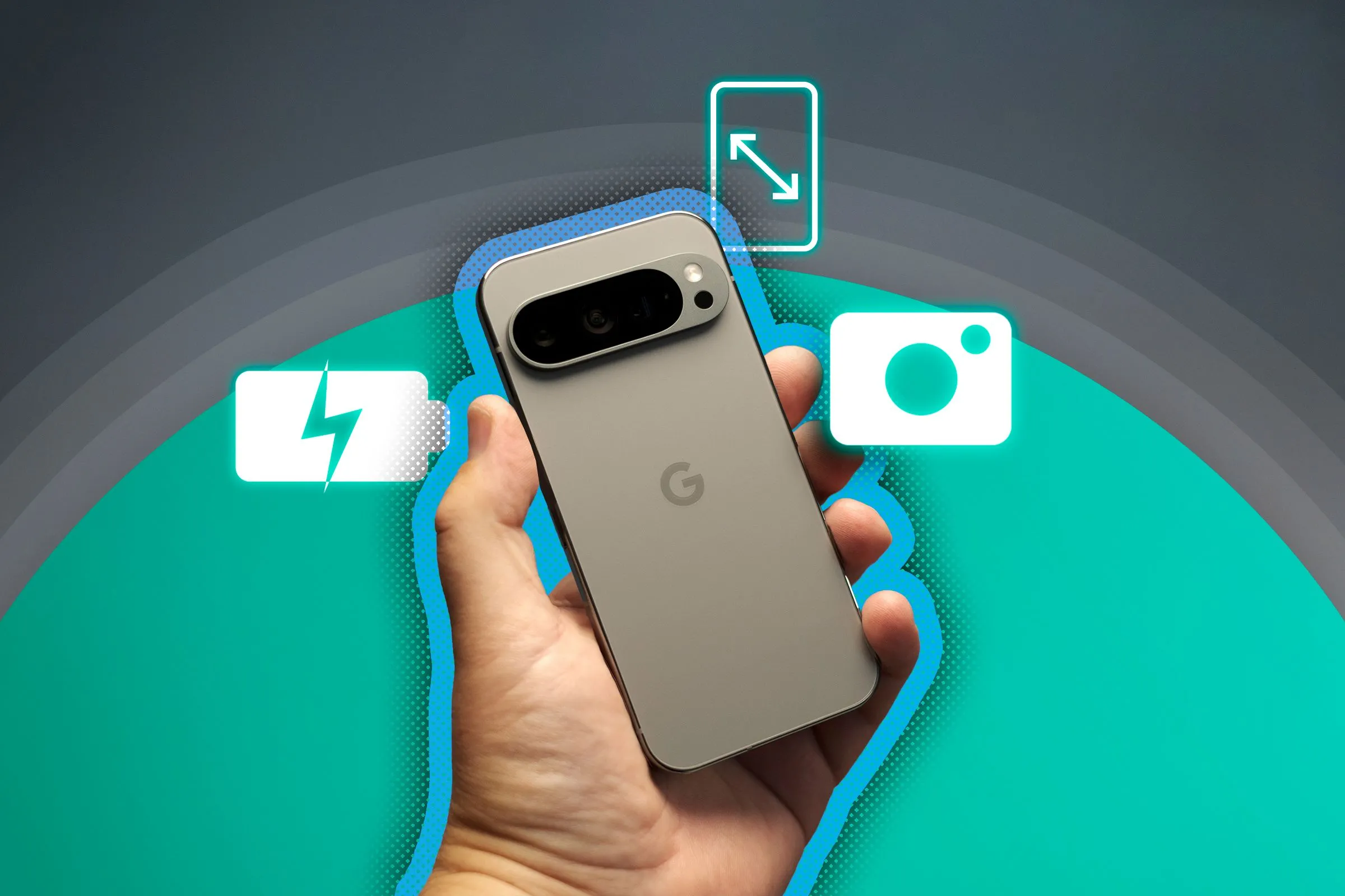 Điện thoại Google Pixel 9 Pro trong tay, nhấn mạnh dung lượng pin lớn và các tính năng nổi bật.