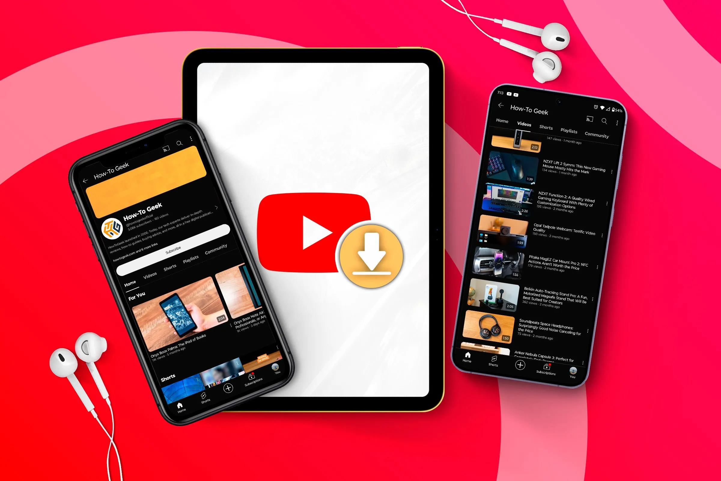 Điện thoại iPhone và Galaxy S24 hiển thị YouTube, cùng một iPad ở giữa với logo YouTube và biểu tượng tải xuống