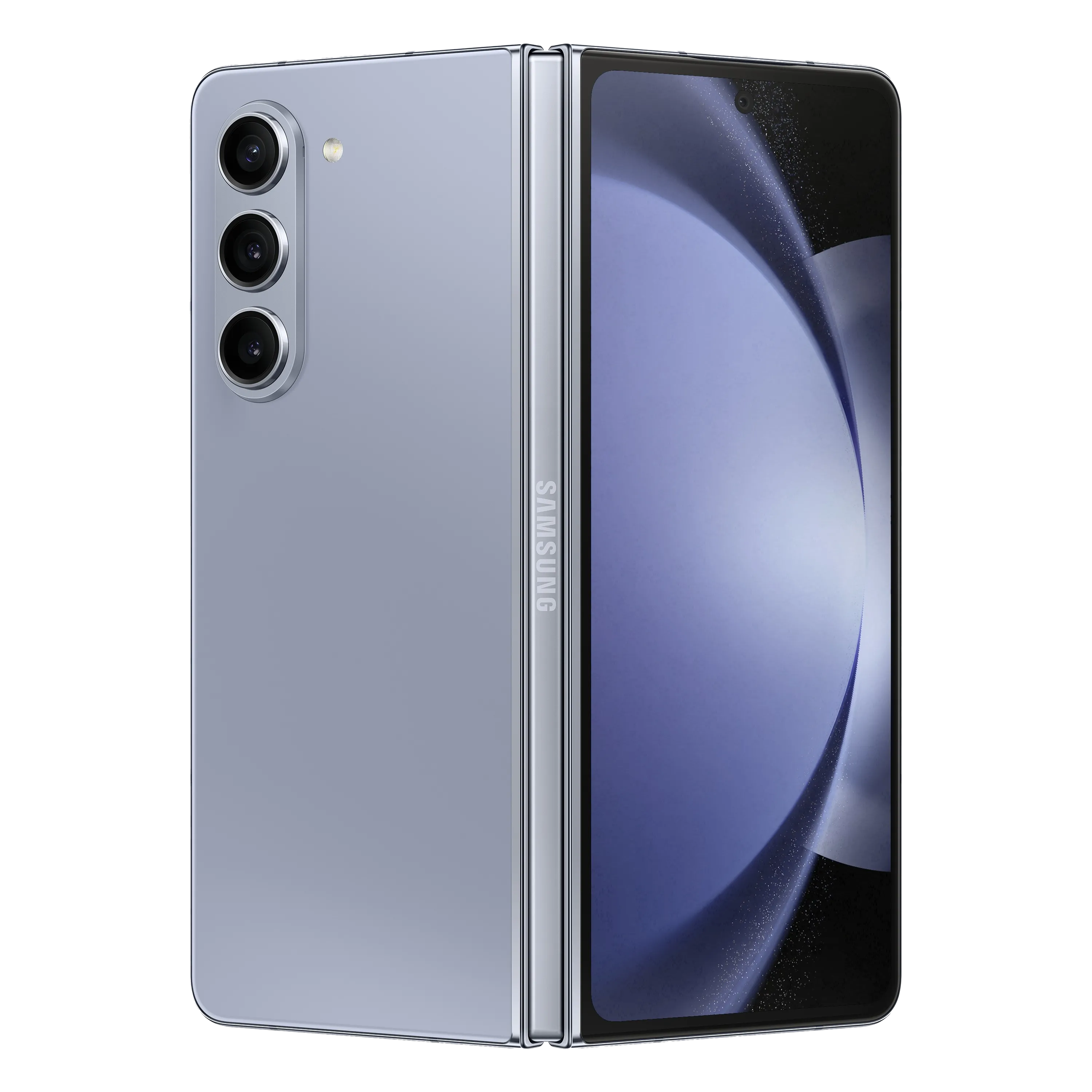 Điện thoại Samsung Galaxy Z Fold 5 mở ra, hiển thị màn hình chính rộng rãi.