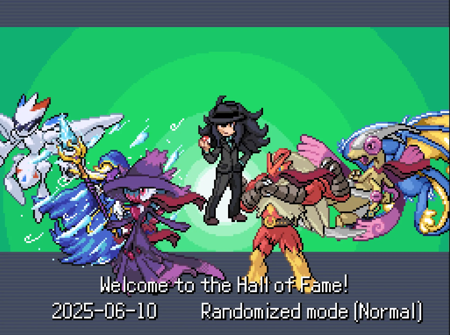 Đội hình Pokémon hợp nhất trong Hall of Fame của Pokémon Infinite Fusion, minh họa sự đa dạng của các sprite thiết kế bởi cộng đồng.
