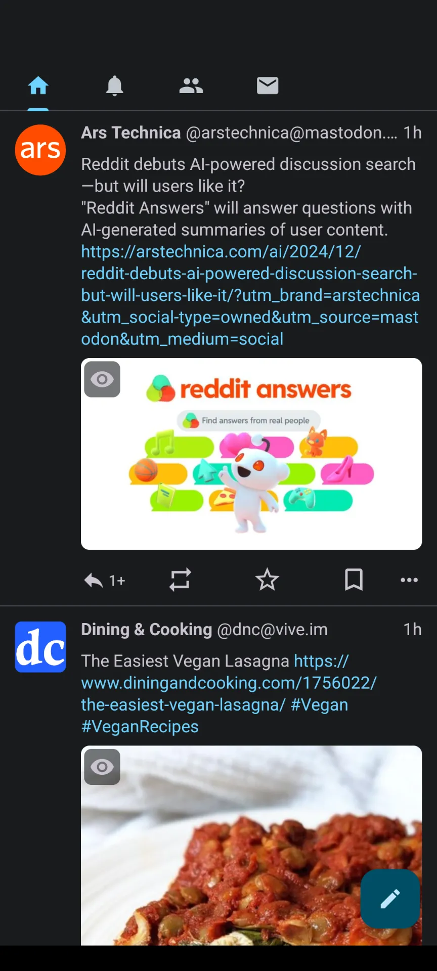 Dòng thời gian (feed) của tài khoản Mastodon trên ứng dụng di động Pachli, hiển thị các bài đăng từ những người dùng theo dõi.